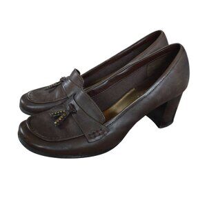 Maripe Brown Leather Tassel Block Heeled Loafers Women's Size 8 Coquette Preppy